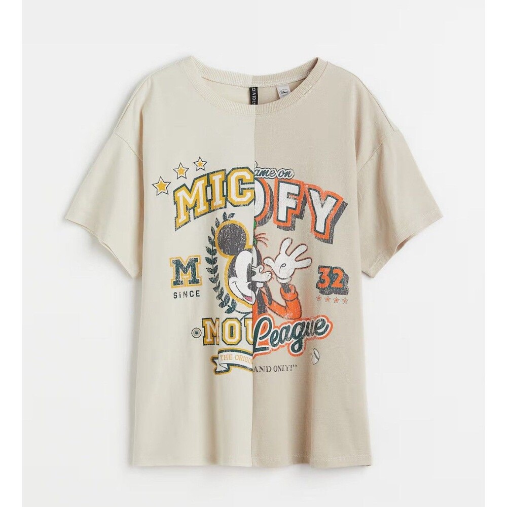 Disney Mickey Mouse Graphic Tee Split Design Cream Shirt Womens Small Casual